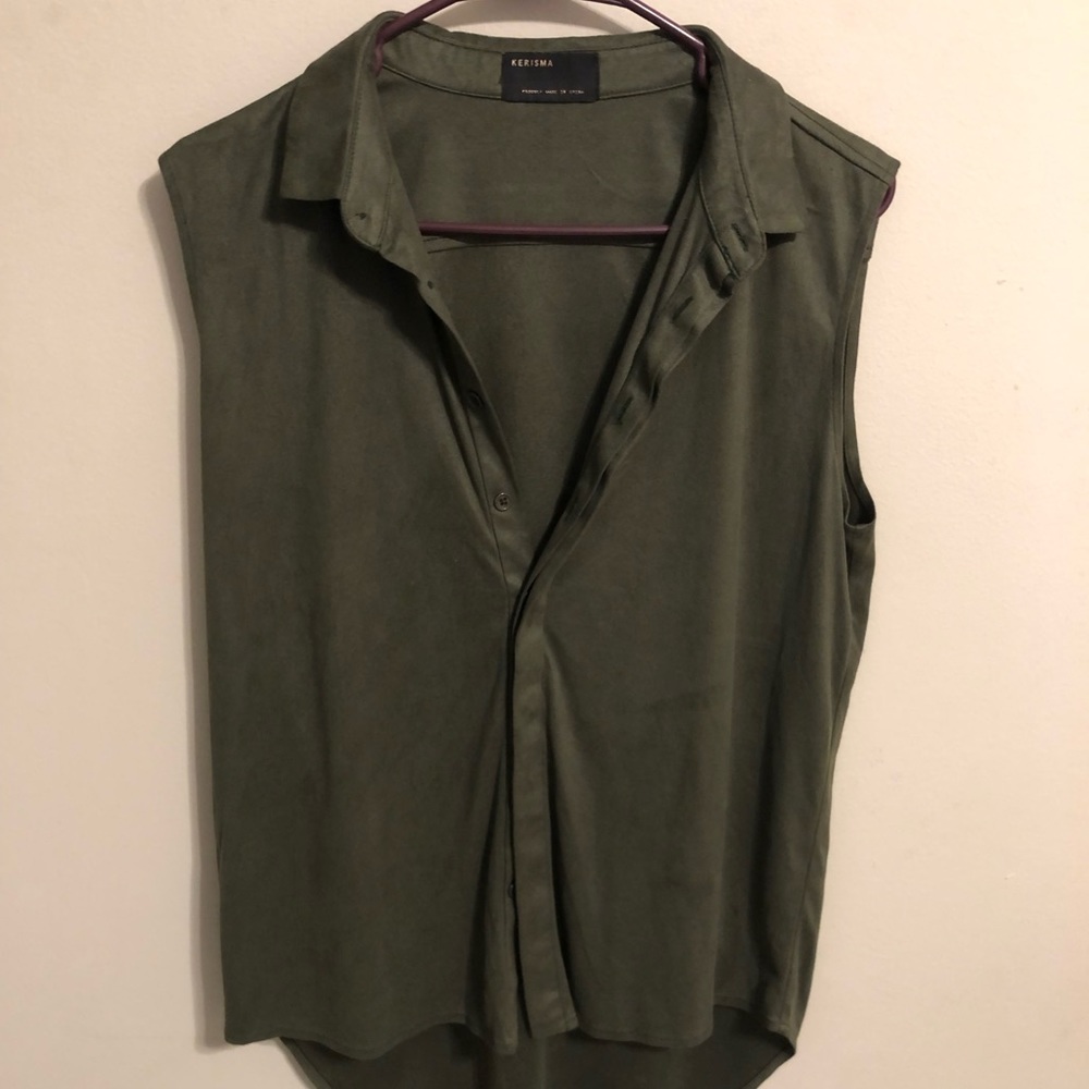 Faux Suede olive green button up top NWOT